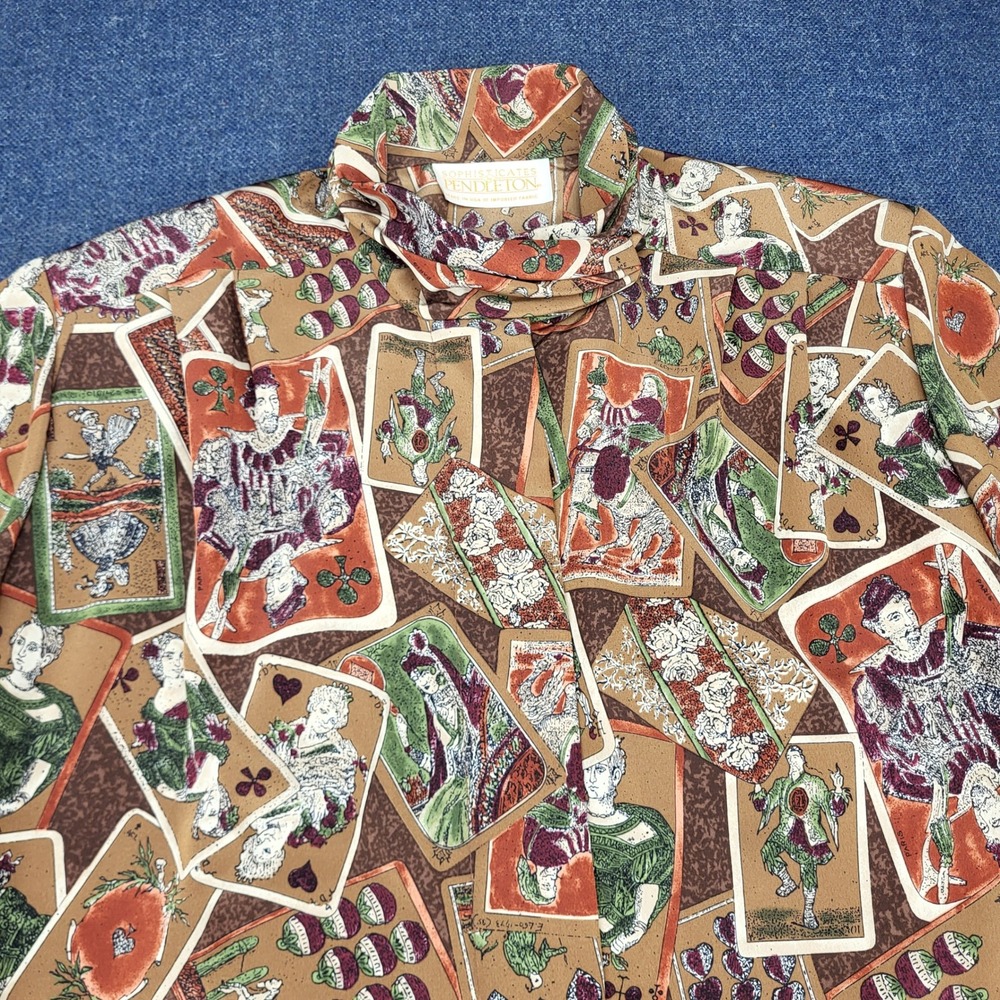 Sophisticates by Pendleton Playing Card Print Blouse Brown Green Vintage Size 10 - Picture 6 of 14